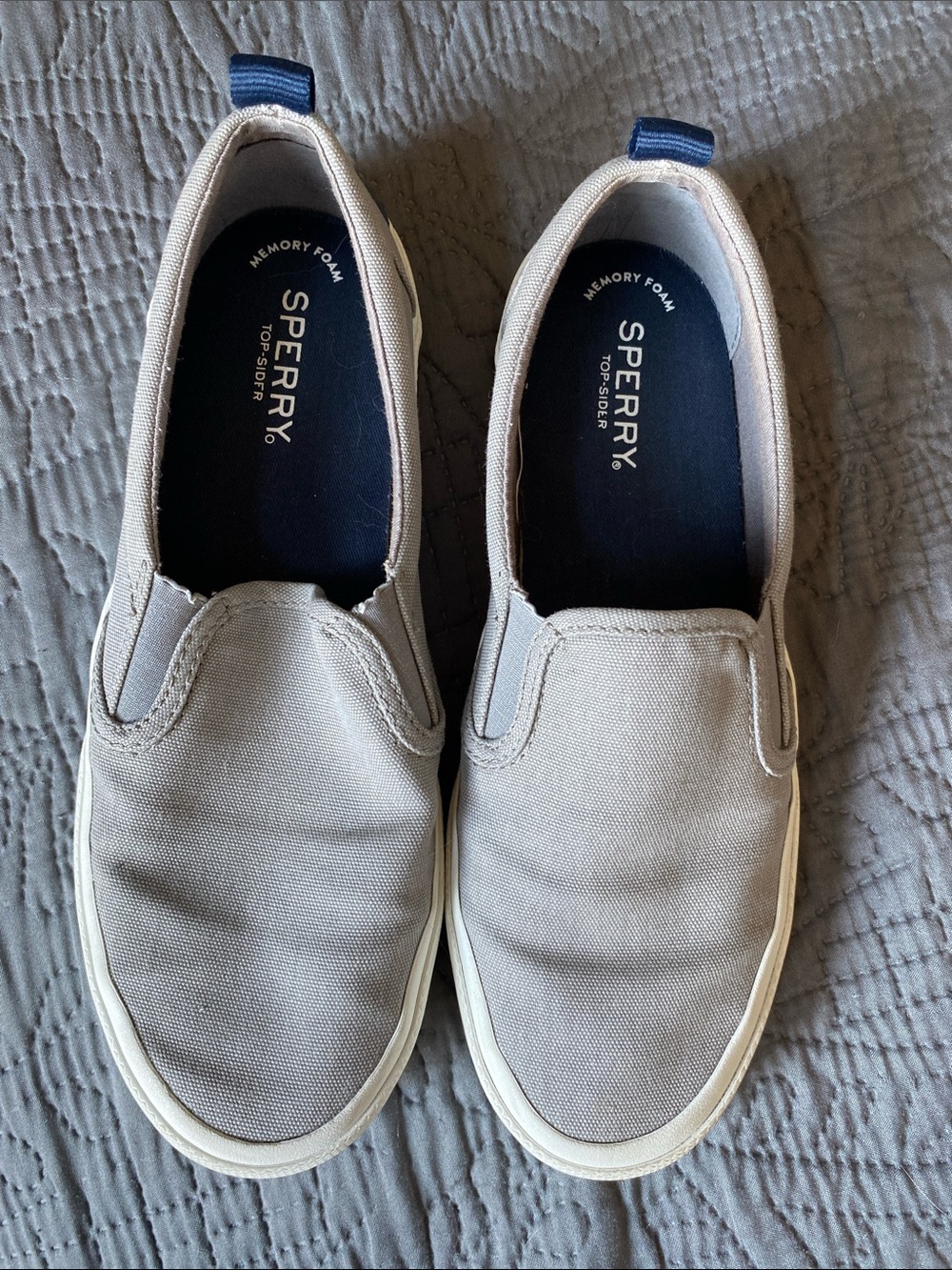 Sperry Slip-On Canvas Sneakers in Light Gray with Navy Insoles